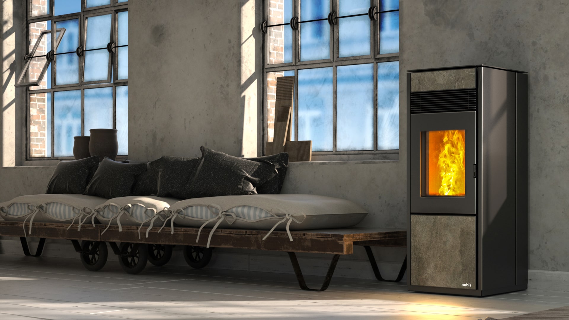 Stufa a pellet a convezione naturale e ventilazione frontale con motore centrifugo e una canalizzazione posteriore diametro 80 (opzionale).