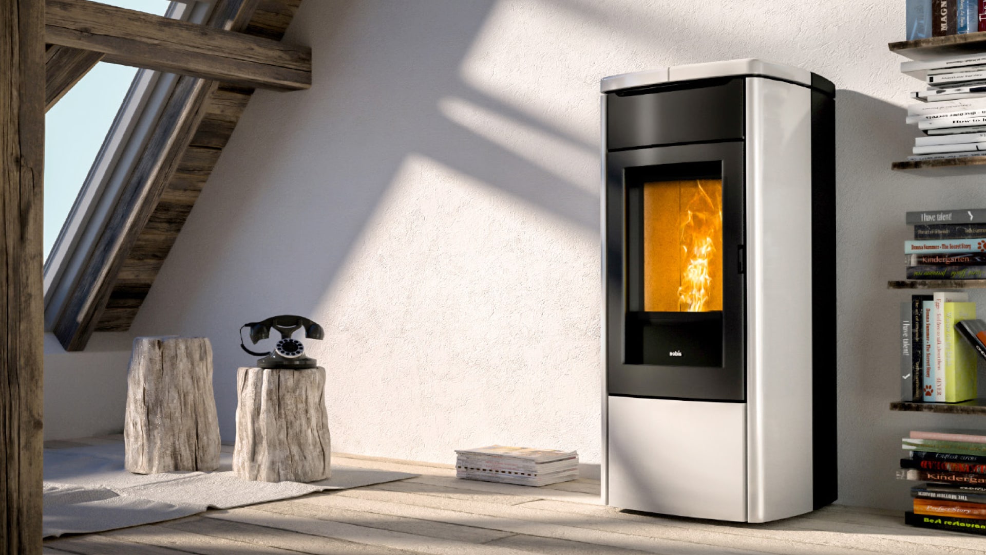 Stufa a pellet a convezione naturale, ventilazione frontale con motore centrifugo e una canalizzazione posteriore diametro 80 (opzionale).