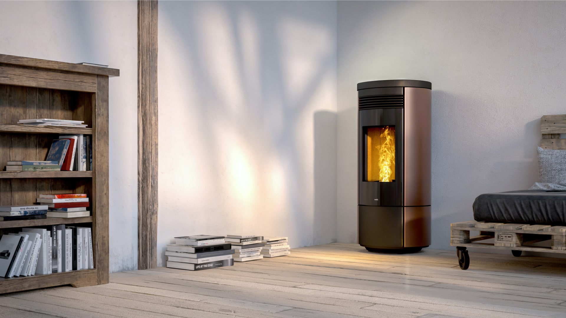 Stufa a pellet a convezione naturale, ventilazione frontale, una canalizzazione posteriore diametro 60 ( opzionale) e scarico fumi superiore.