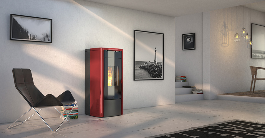 Termostufa a pellet con ventilazione frontale.