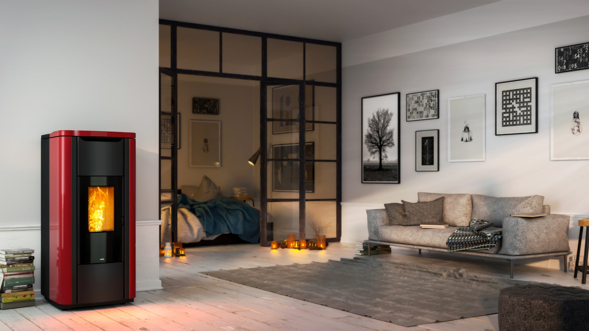 Termostufa a pellet con ventilazione frontale.