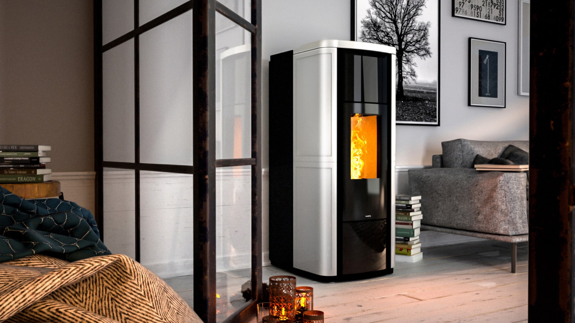 Termostufa a pellet con ventilazione frontale.